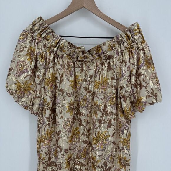 Sezane mini dress womens 40 silk miranda off the shoulder metallic lined - Picture 4 of 12